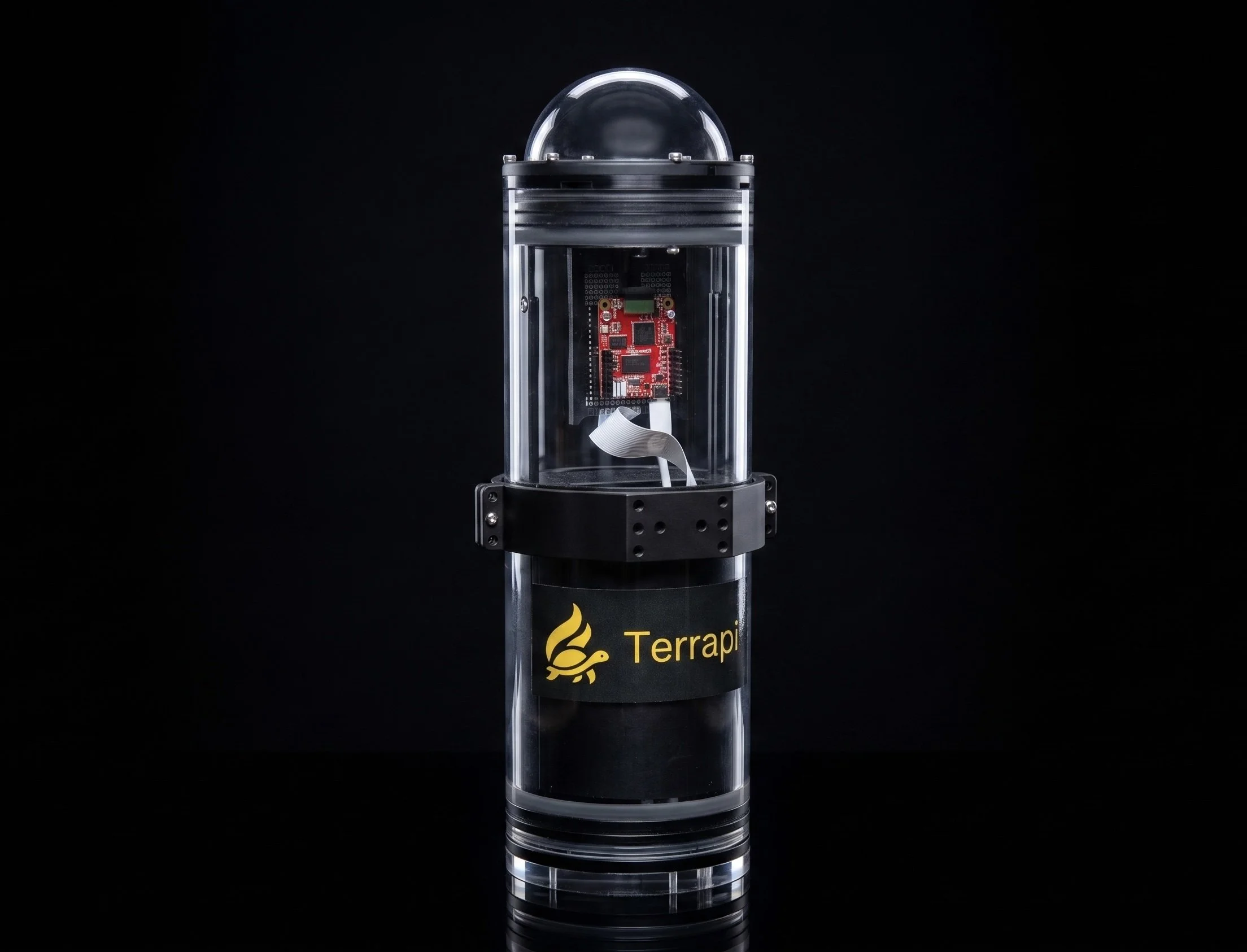 Aquatic camera trap Terrapin 1 by Goldburn in front of a black background, underwater game camera or trail camera, Soren Goldsmith