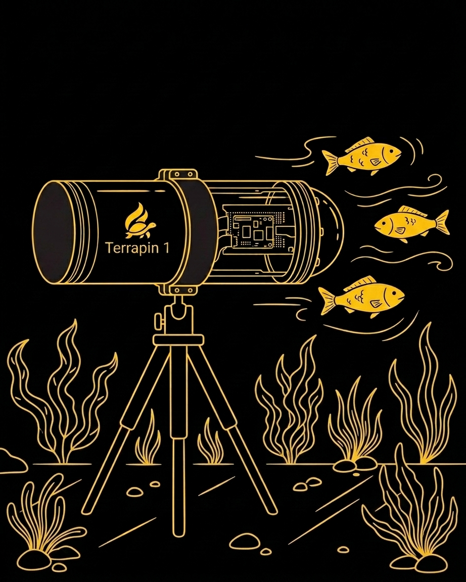 A stylized illustration of a telescope labeled 'Terrapin 1' on a tripod, with three fish swimming nearby and aquatic plants on the sea floor.
