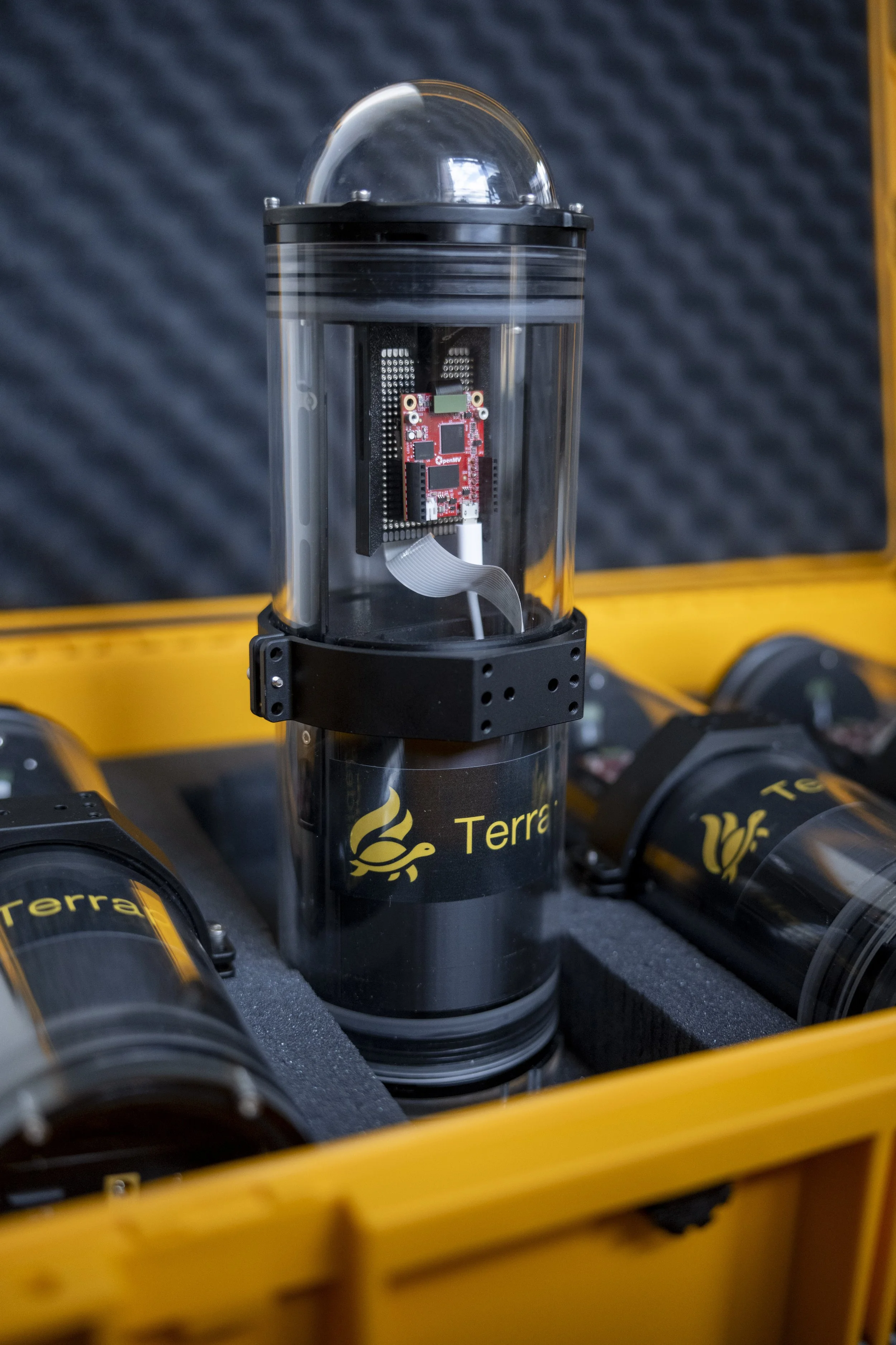 Close-up of a box full of Terrapin 1 aquatic camera traps, or underwater trail cameras,