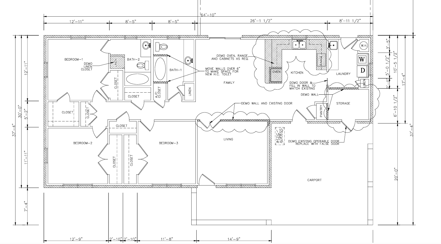 Floor plan of a house featuring three bedrooms, two bathrooms, a kitchen, family room, living room, laundry area, storage room, and carport, with measurements and design annotations.