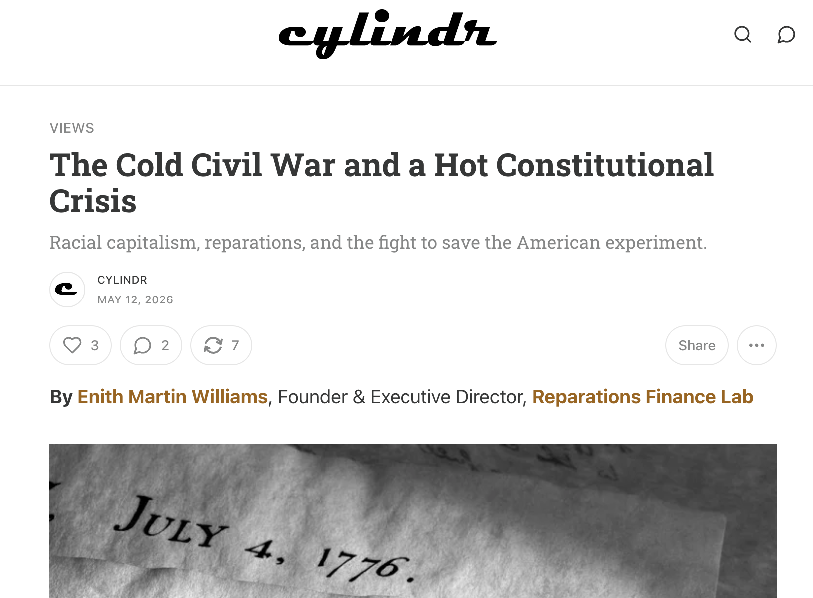 Image of article titled The Cold Civil War and a Hot Constitutional Crisis - by Enith Martin Williams, published in Cylindr Magazine