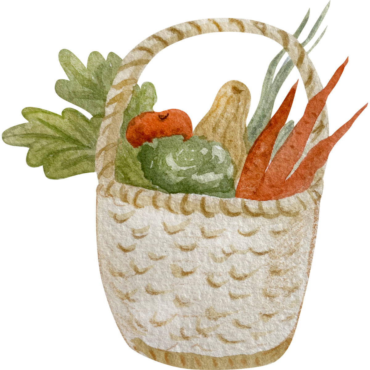 Watercolor illustration of a basket filled with fresh vegetables including carrots, broccoli, tomato, and leafy greens.