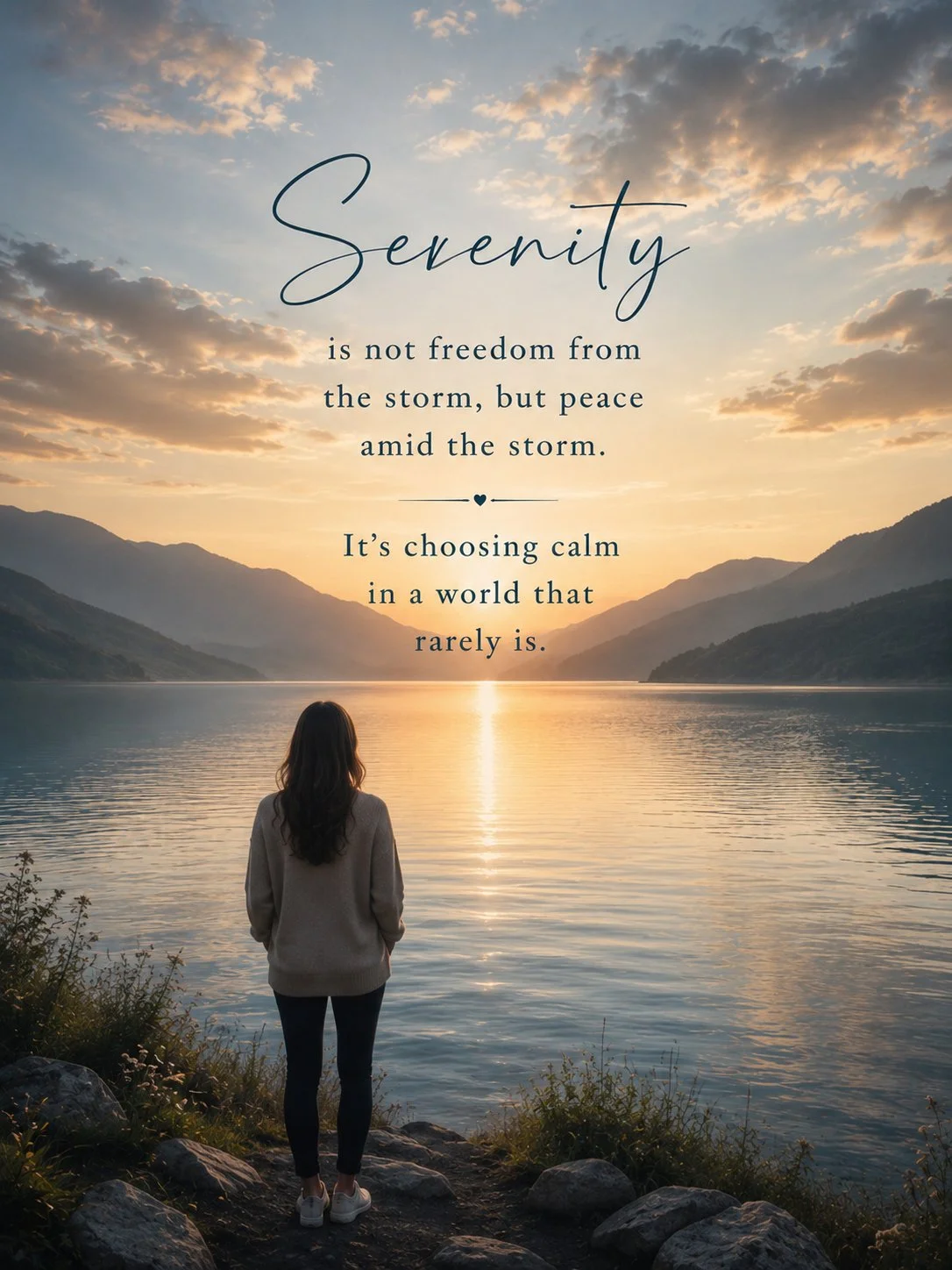 A woman standing on rocks by a calm lake at sunset, surrounded by mountains, with an overlaid quote about serenity and inner peace.