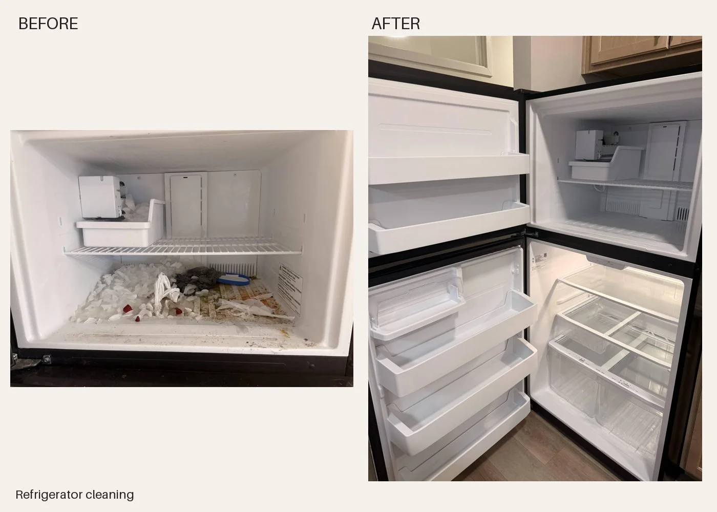 Apartment turnover refrigerator cleaning: before and after by Karing House Cleaning LLC.