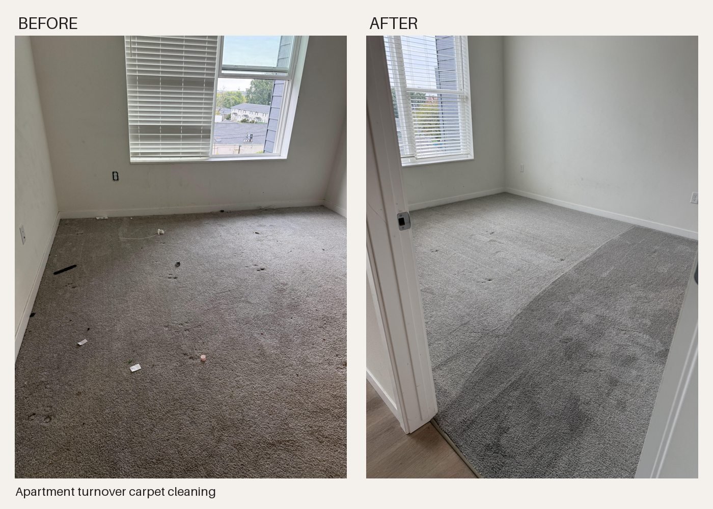 Apartment turnover carpet cleaning: before and after by Karing House Cleaning LLC.
