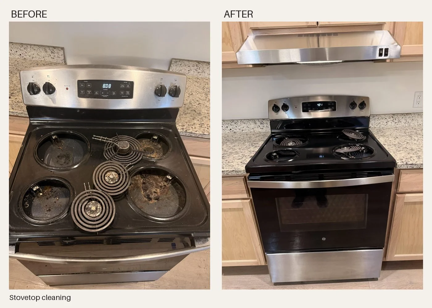 Apartment turnover stovetop cleaning: before and after by Karing House Cleaning LLC.