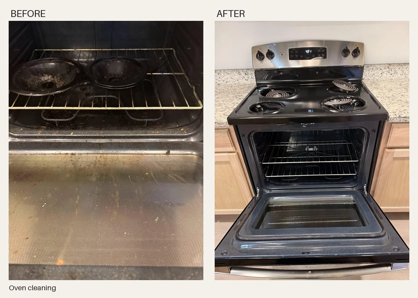 Apartment turnover oven cleaning: before and after by Karing House Cleaning LLC.