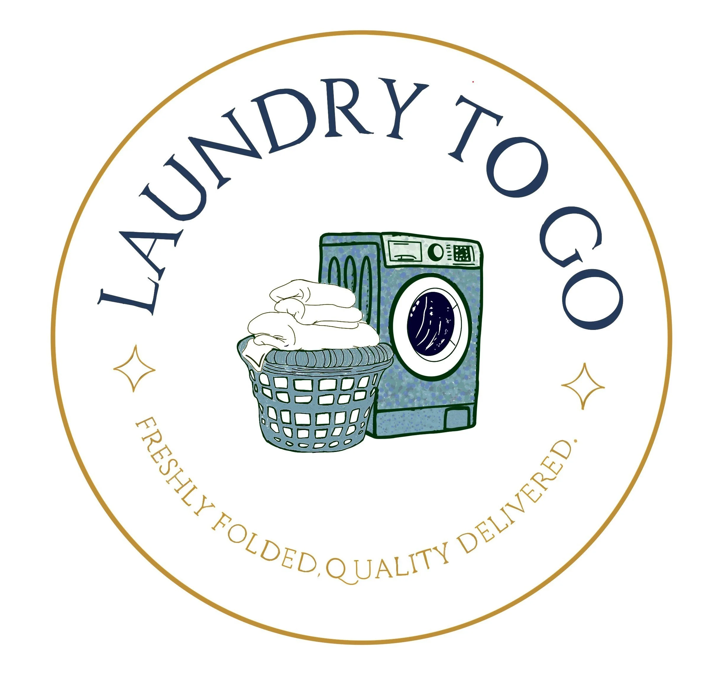 Logo with text 'Laundry City' and an illustration of a hand pointing at a washing machine in a laundry basket, surrounded by gold decorative elements.