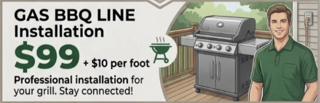 Professional gas BBQ line installation service for $99 plus ten dollars per foot by Trent Valley Mechanical in Northumberland, Clarington, Kawartha Lakes, Peterborough and Durham region.