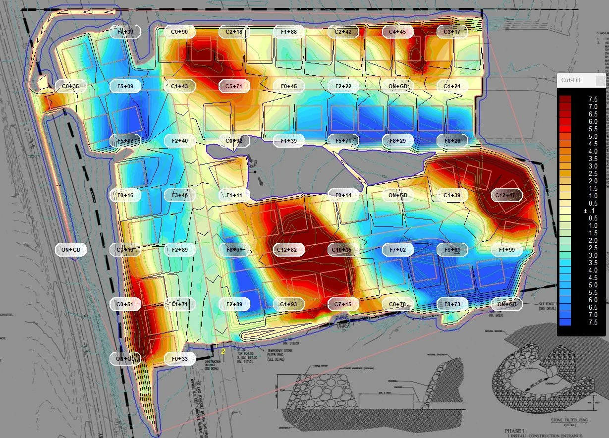 A topographic survey map with color-coded contours showing elevation, overlaid with labels and boundary lines for a construction or land development project.