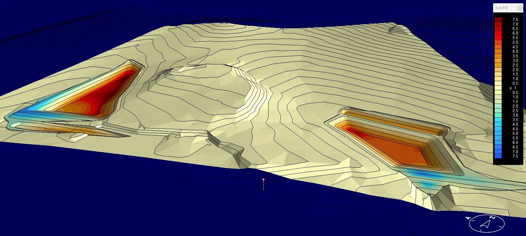 3D topographic map showing elevation data with contour lines, two deep basins highlighted in red and orange, and a color scale on the right indicating elevation levels from -7.5 to 7.5.