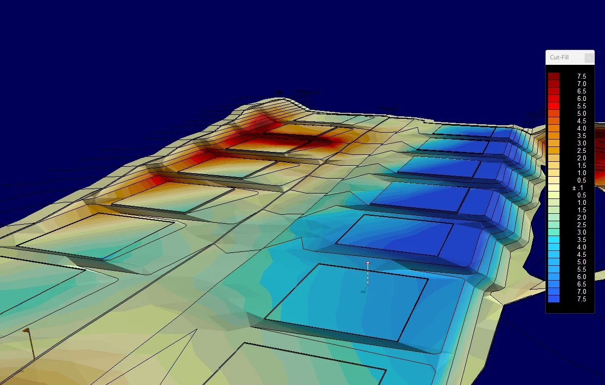 3D topographic map showing elevation data with color gradient from blue to red, along with contour lines and a legend indicating elevation levels.