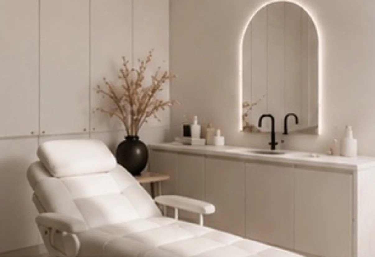 A minimalist, modern room with a white adjustable chair, a black vase with dried branches, a mirror with LED lighting behind it, and a white countertop with bottles, in a neutral-toned decor.