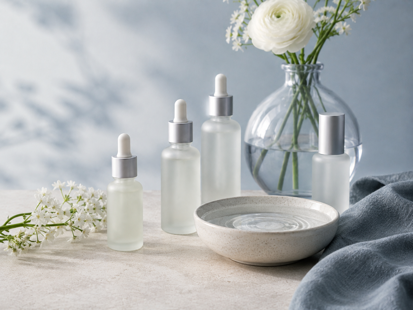 Four small frosted glass bottles with silver caps and droppers on a light surface, with a clear round bowl and a vase of white flowers in the background, and a blue cloth to the side.