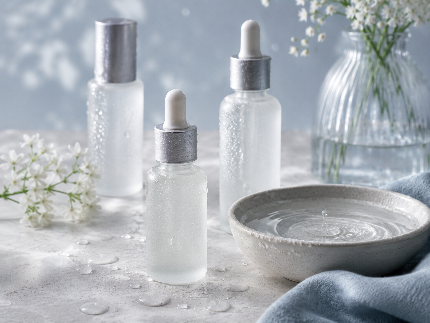 Bottles of facial serum with droppers, a bowl of water, white flowers, a glass vase with flowers, and a blue cloth on a light surface.