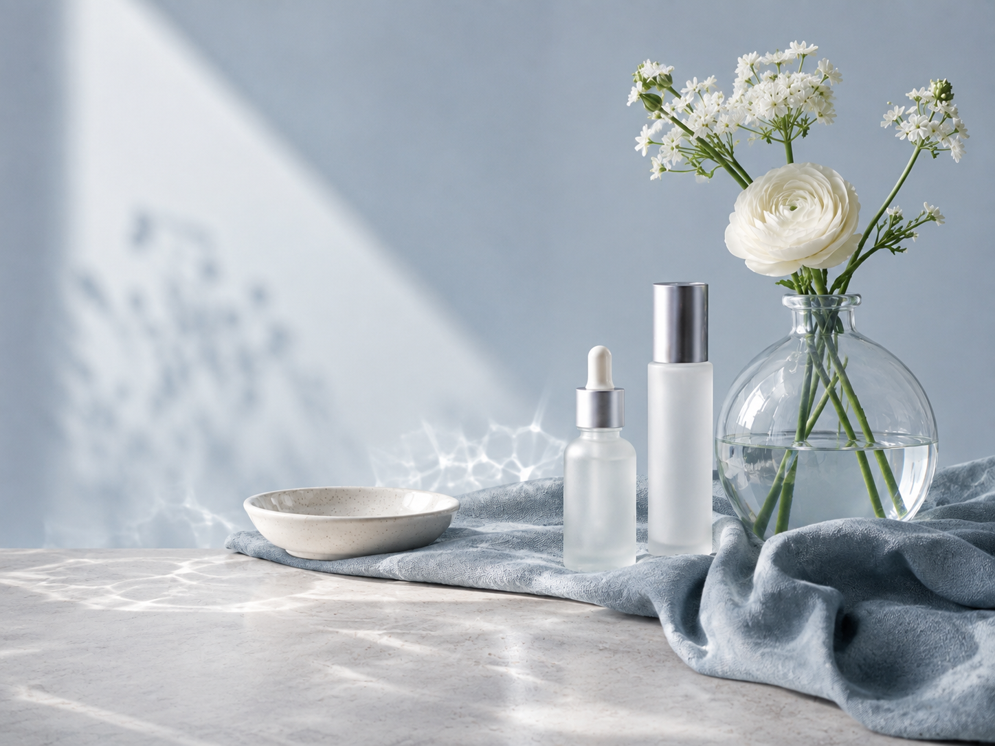 A minimalist still life featuring a clear glass vase with white flowers, two frosted glass bottles, a small ceramic dish, and a gray cloth on a light-colored surface with soft sunlight and shadow patterns.