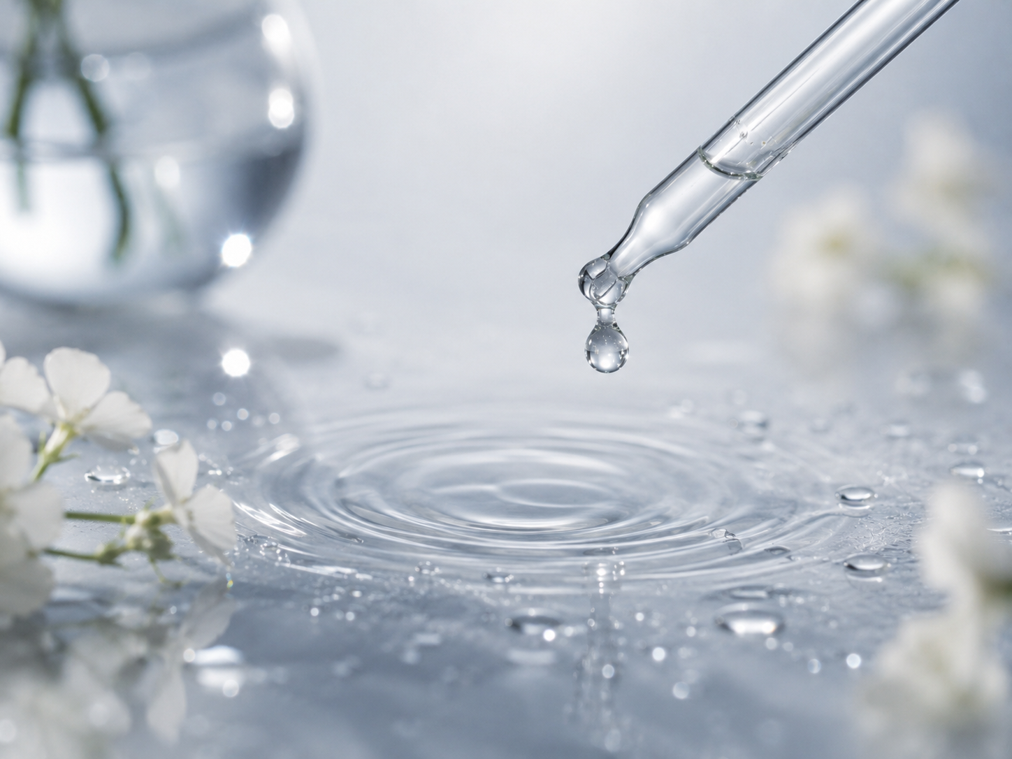 Close-up of a glass dropper releasing a drop of clear liquid into a shallow pool of water, with white flowers and a glass vase in the background.