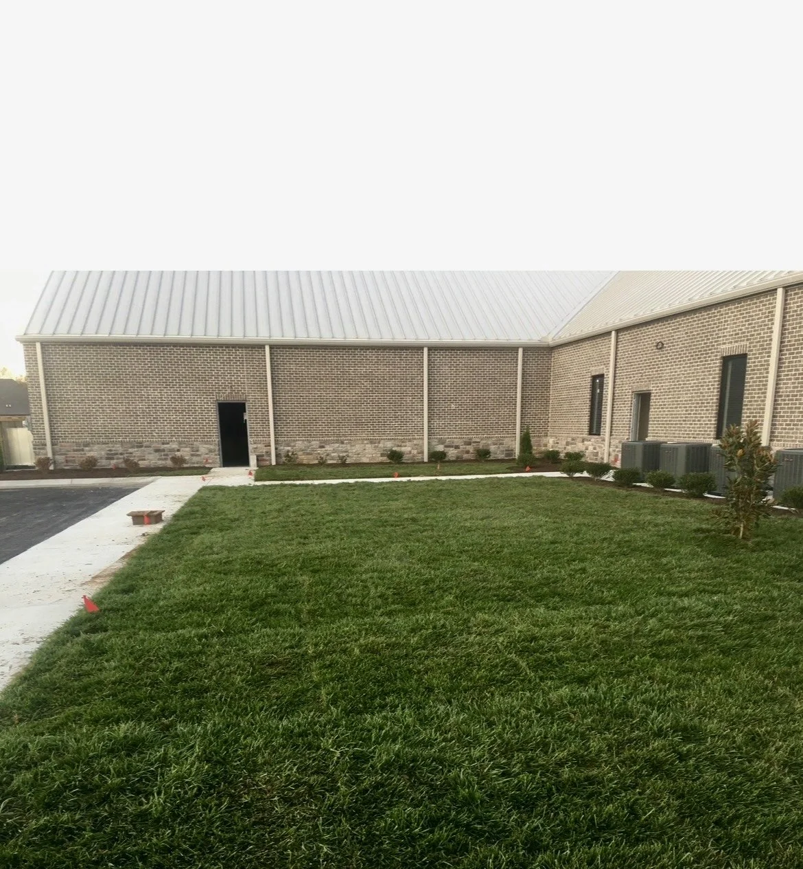 Newly landscaped backyard with green grass, small shrubs, and a brick building with a metal roof in the background.