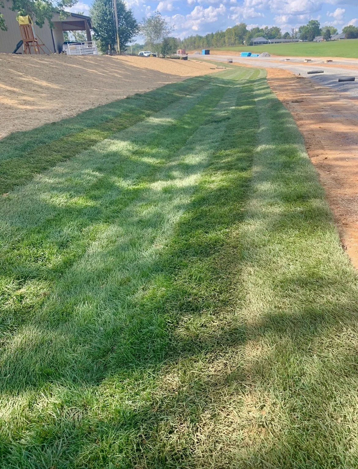 Freshly mowed green grass next to bare soil and construction materials on a sunny day.