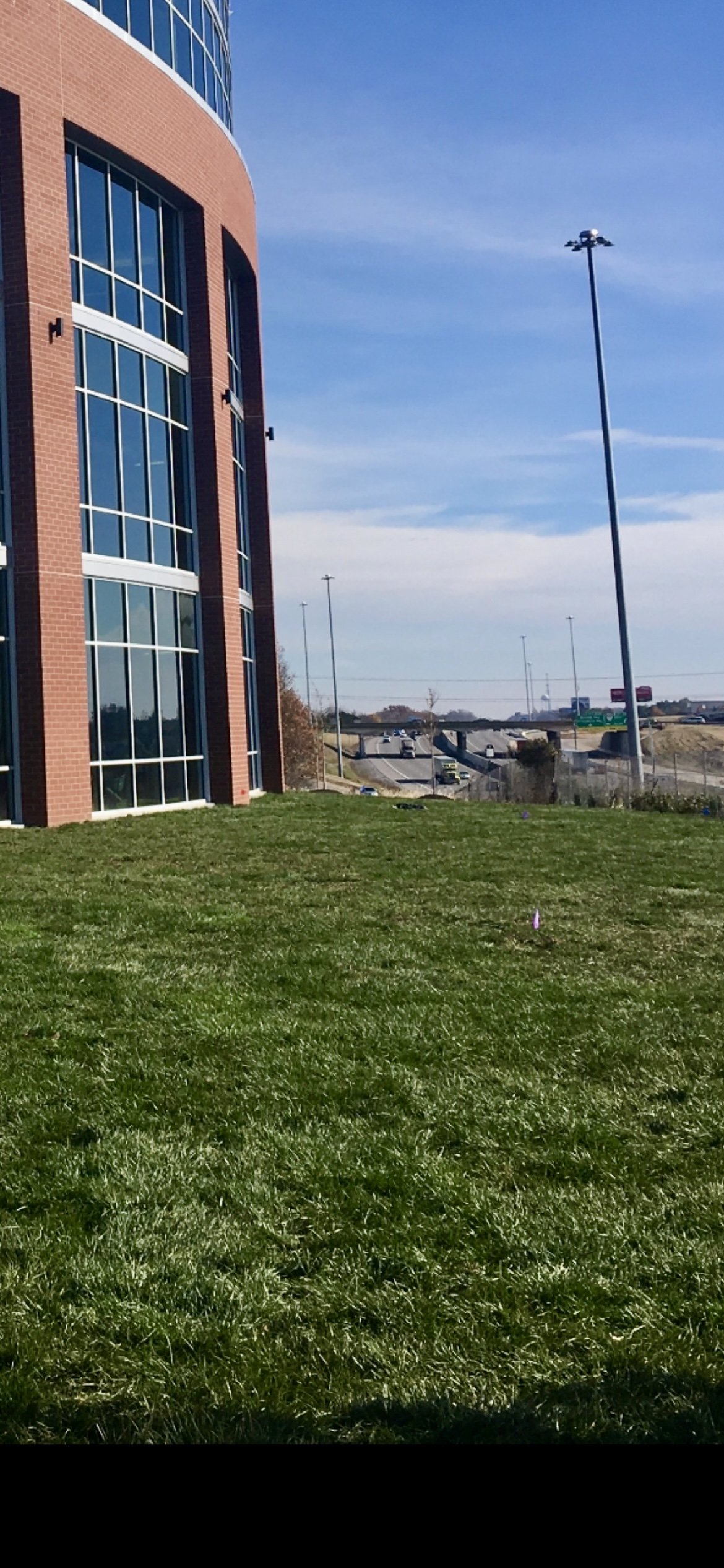 A modern red-brick building with large glass windows on a grassy area near a highway with multiple lanes and vehicles, under a clear blue sky.