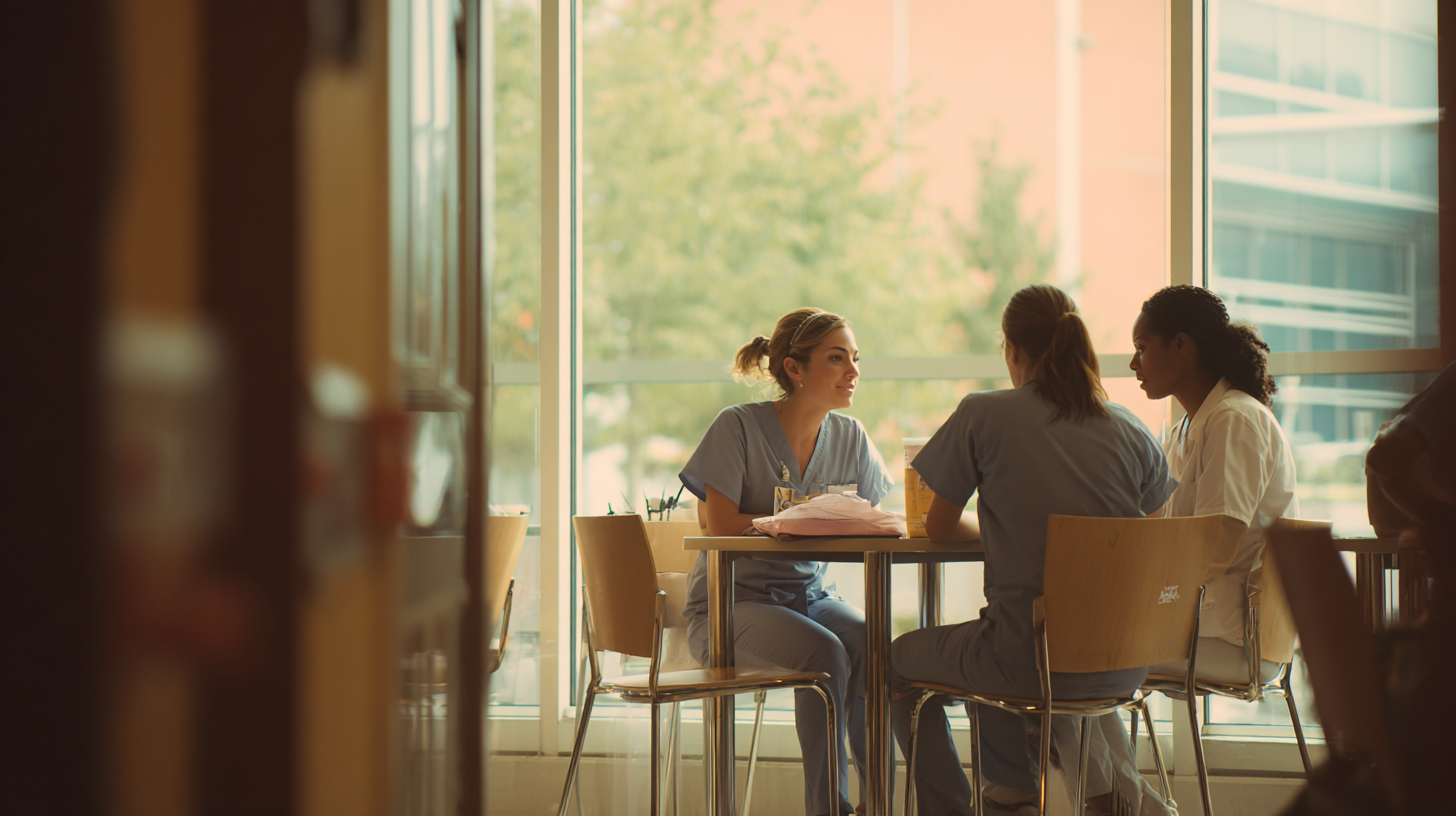 Three female healthcare workers in scrubs sitting at a table and talking inside a hospital or medical facility near a large window.