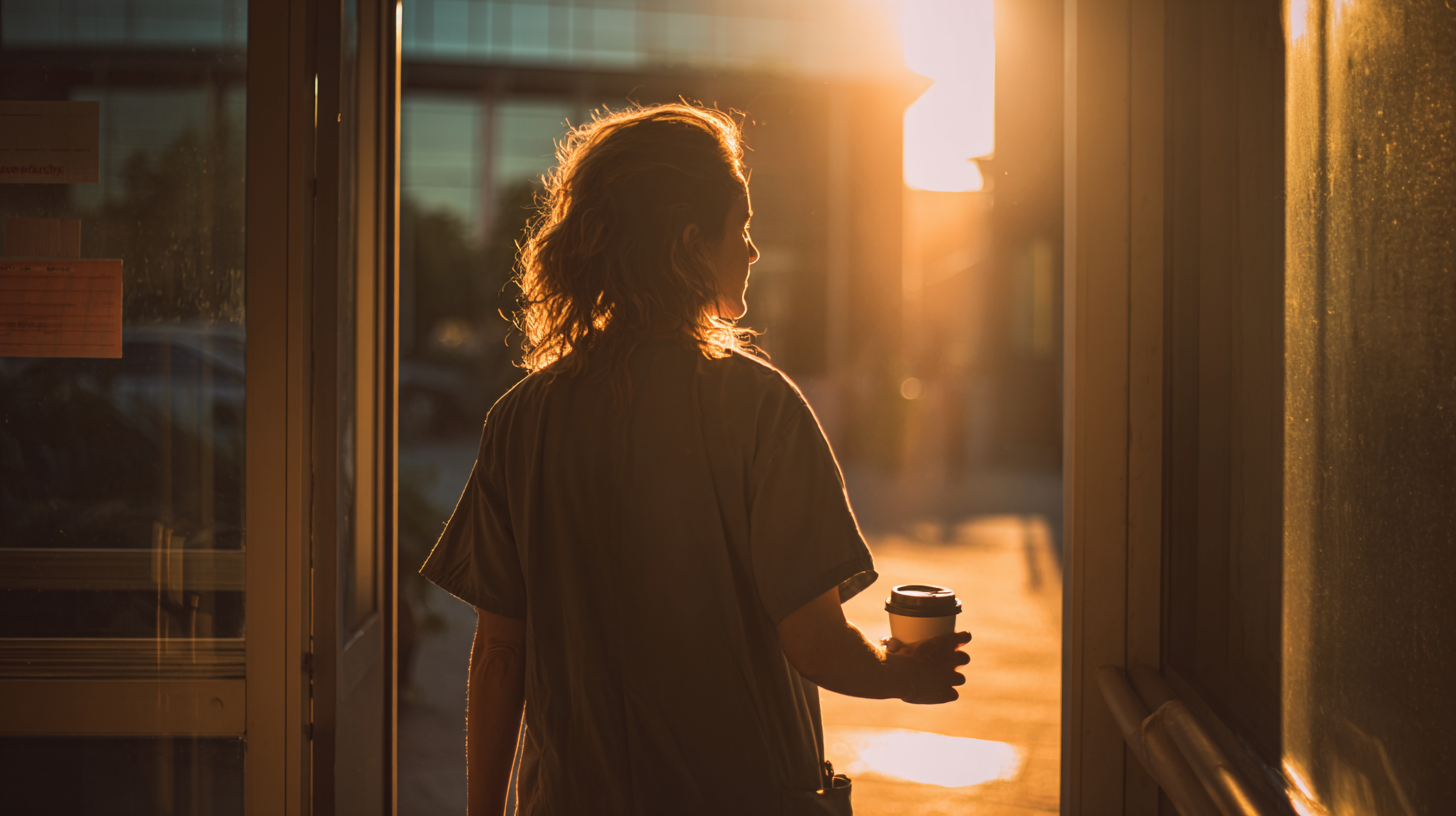 A woman holding a coffee cup walking out of a building during sunset.