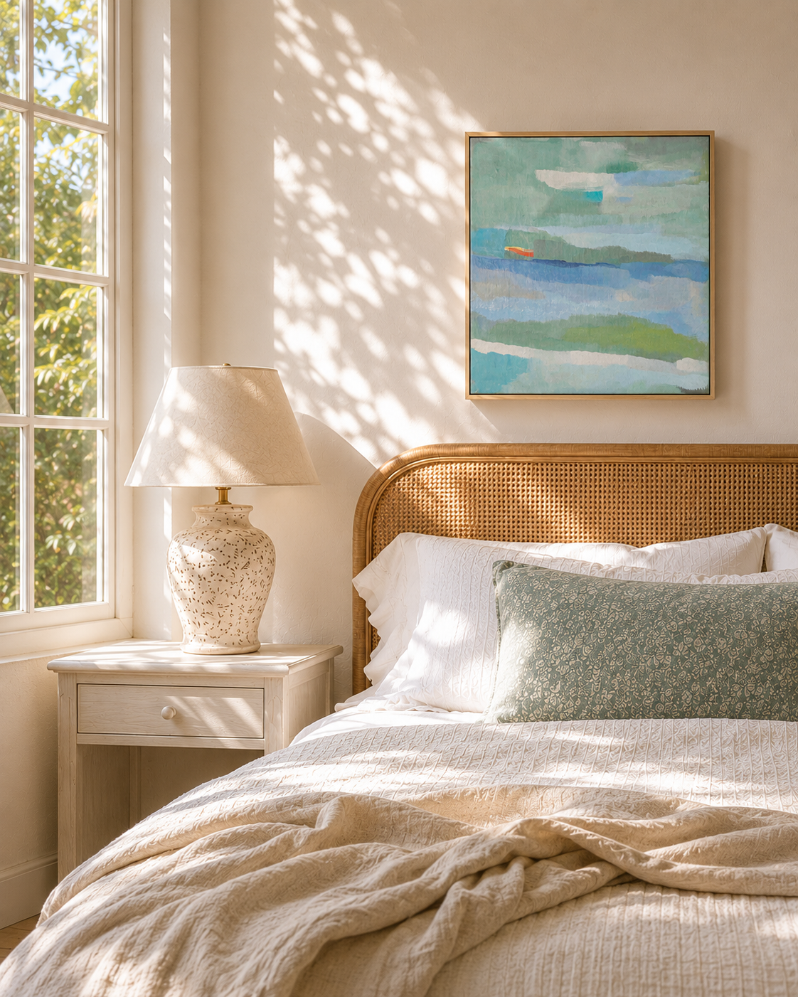 Sunlit bedroom with a white bedside table, a decorative ceramic lamp, a wicker headboard, a bed with white linens and a green patterned pillow, a framed landscape painting, and a window with green foliage outside.