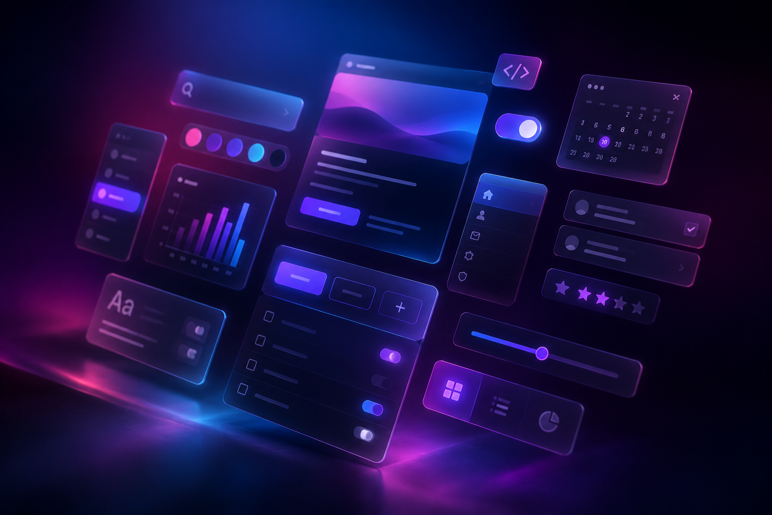Digital art of floating futuristic user interface elements with graphs, menus, sliders, and icons in purple and blue neon colors.