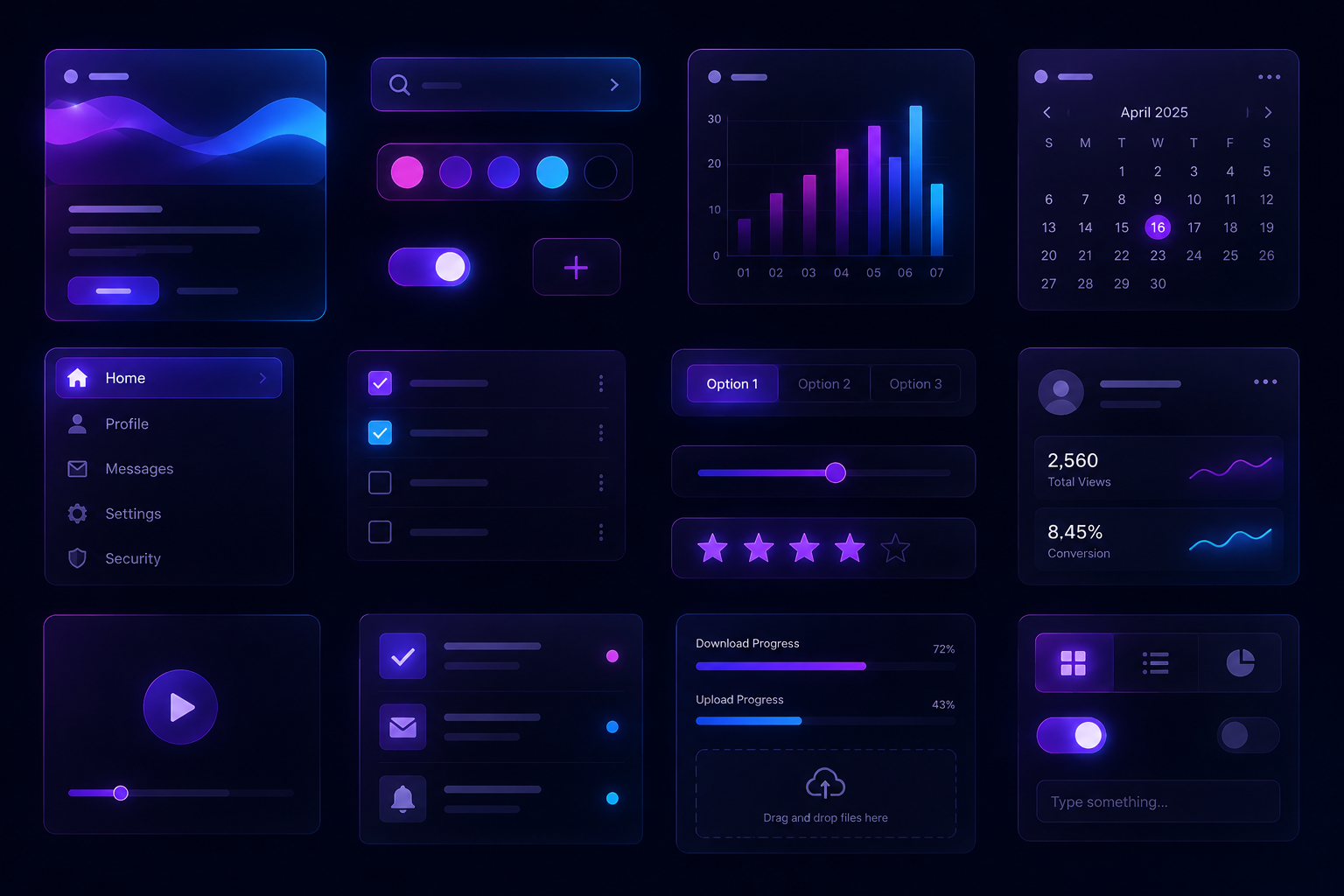 A digital user interface dashboard with a dark theme, featuring various charts, graphs, menus, and control panels in shades of purple and blue.