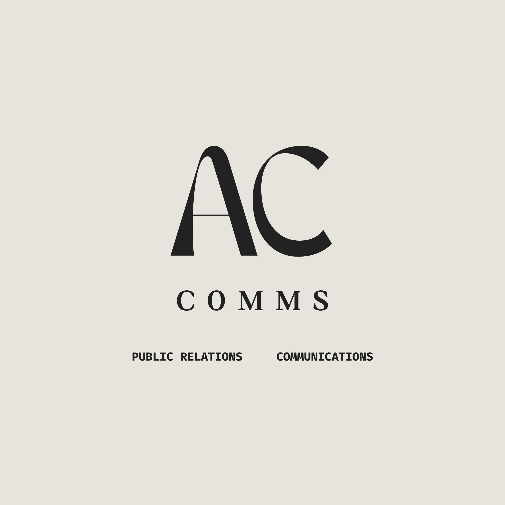 Logo with the word 'AC' and the words 'Public Relations' and 'Communications' beneath it, on a light background.