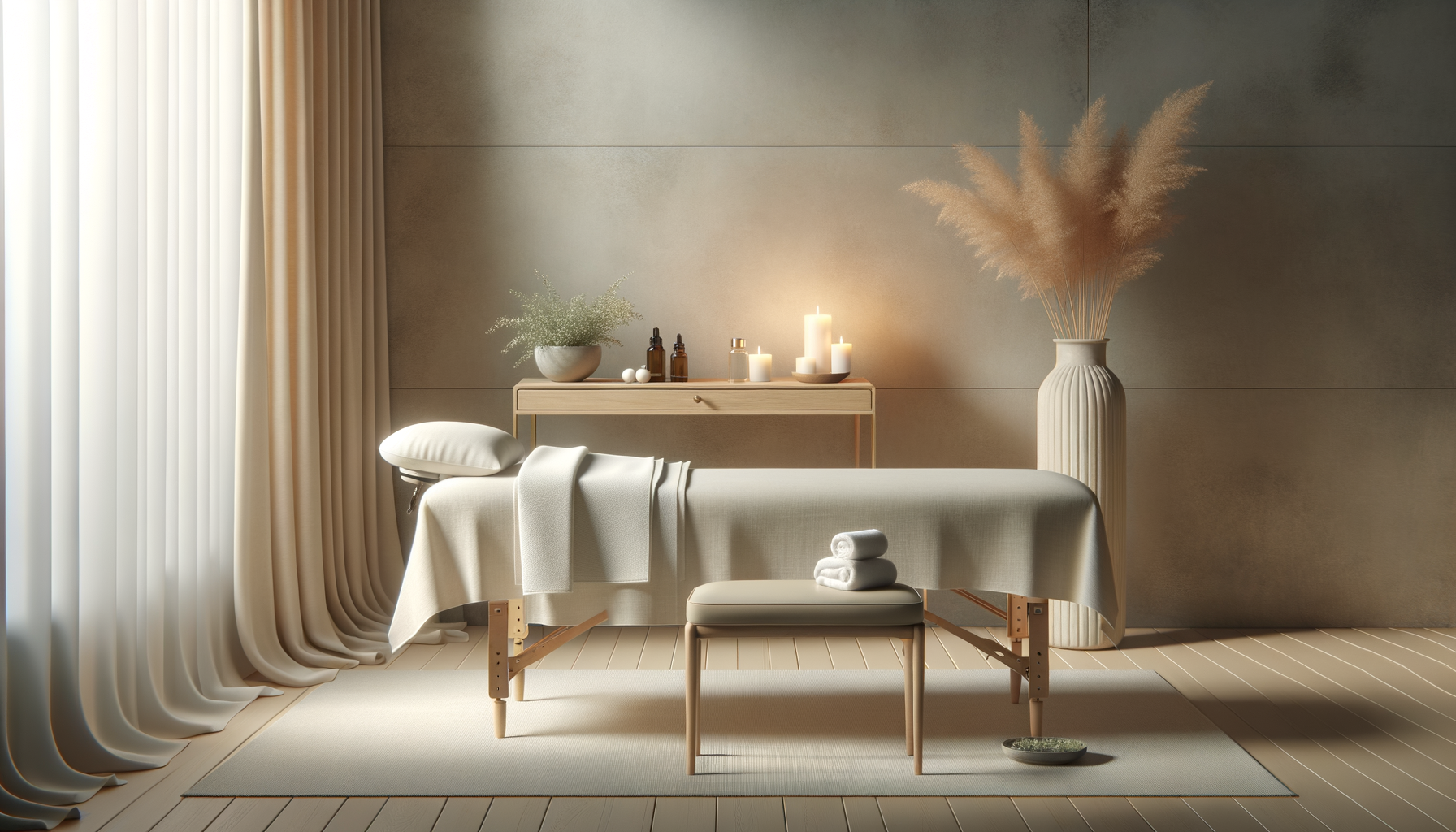 A massage or therapy room with a massage table covered in a white cloth, flowers, candles, and towels. There's a large vase with pampas grass on the right and a small bench under the table. The room has beige walls, wooden flooring, and curtains on the left.