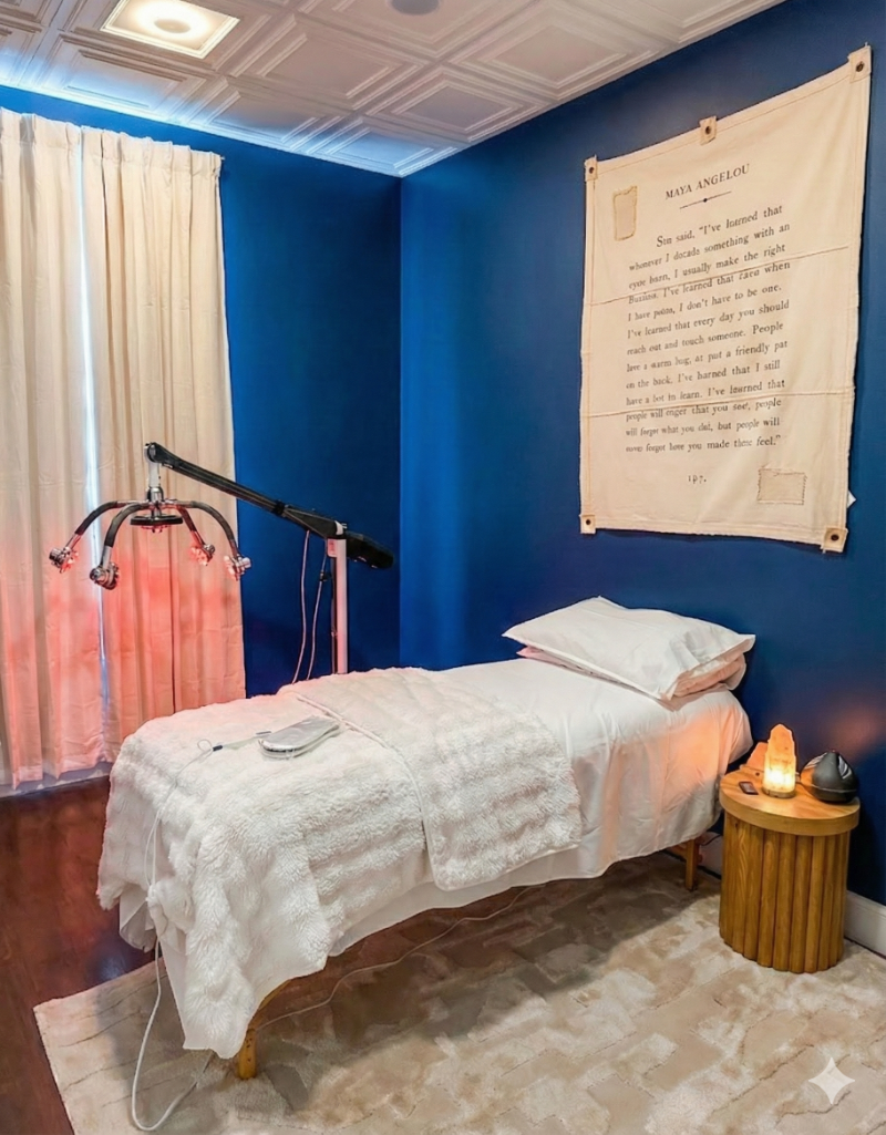 A massage therapy room with a massage table covered with a white towel and pillow, a small wooden side table with a salt lamp, a Himalayan salt stone, and a diffuser, a blue wall with a Maya Angelou quote tapestry, cream curtains, and a specialized medical or therapy lamp with multiple flexible arms.