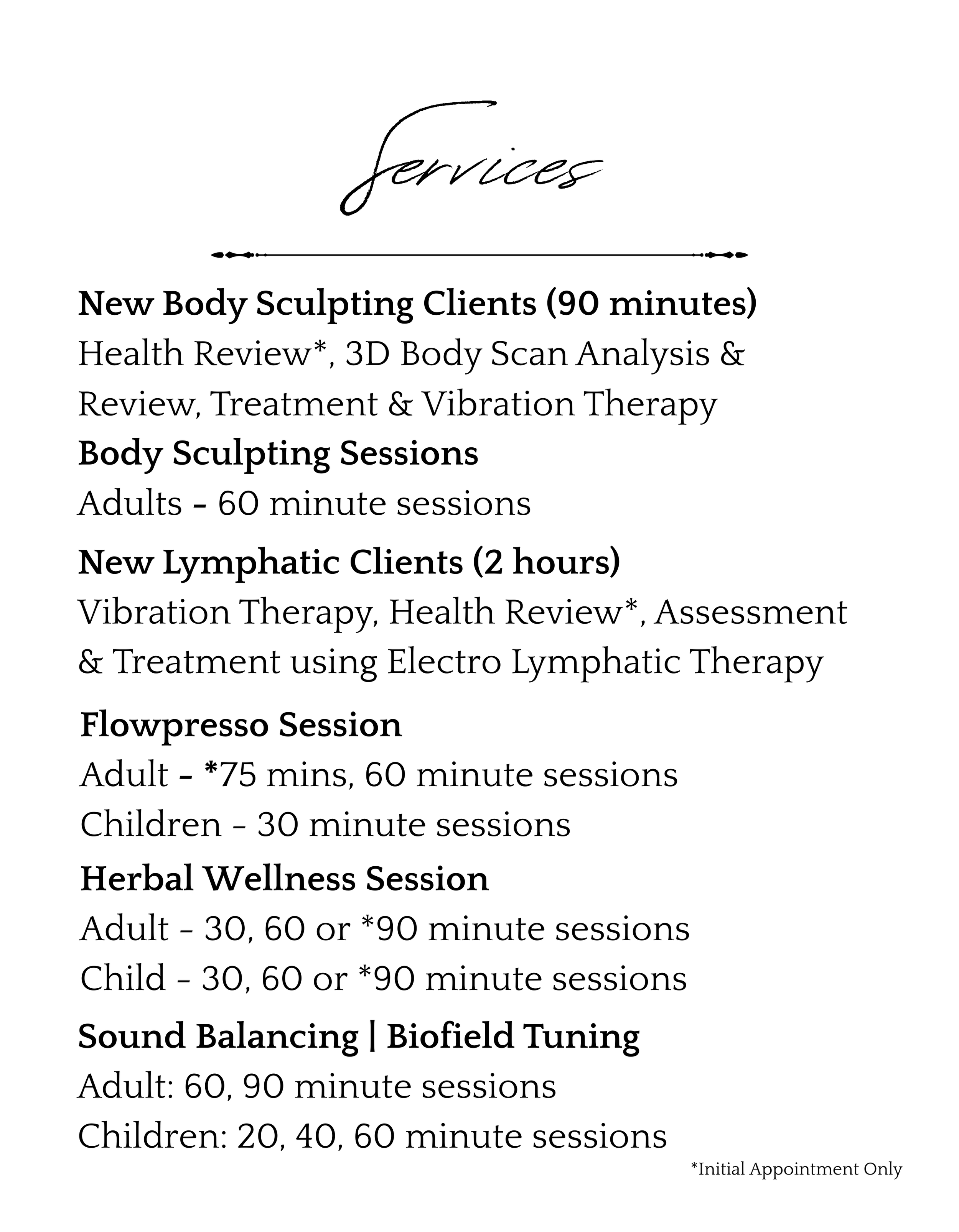 A screenshot of a schedule or list of services offered, including body sculpting, lymphatic clients, herbal wellness, and biofield tuning sessions, with age-specific durations and notes about initial appointments.