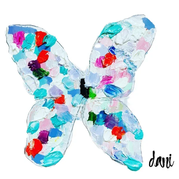A butterfly shaped palette filled with colorful acrylic paint, with the artist's signature 'davi' in the bottom right corner.