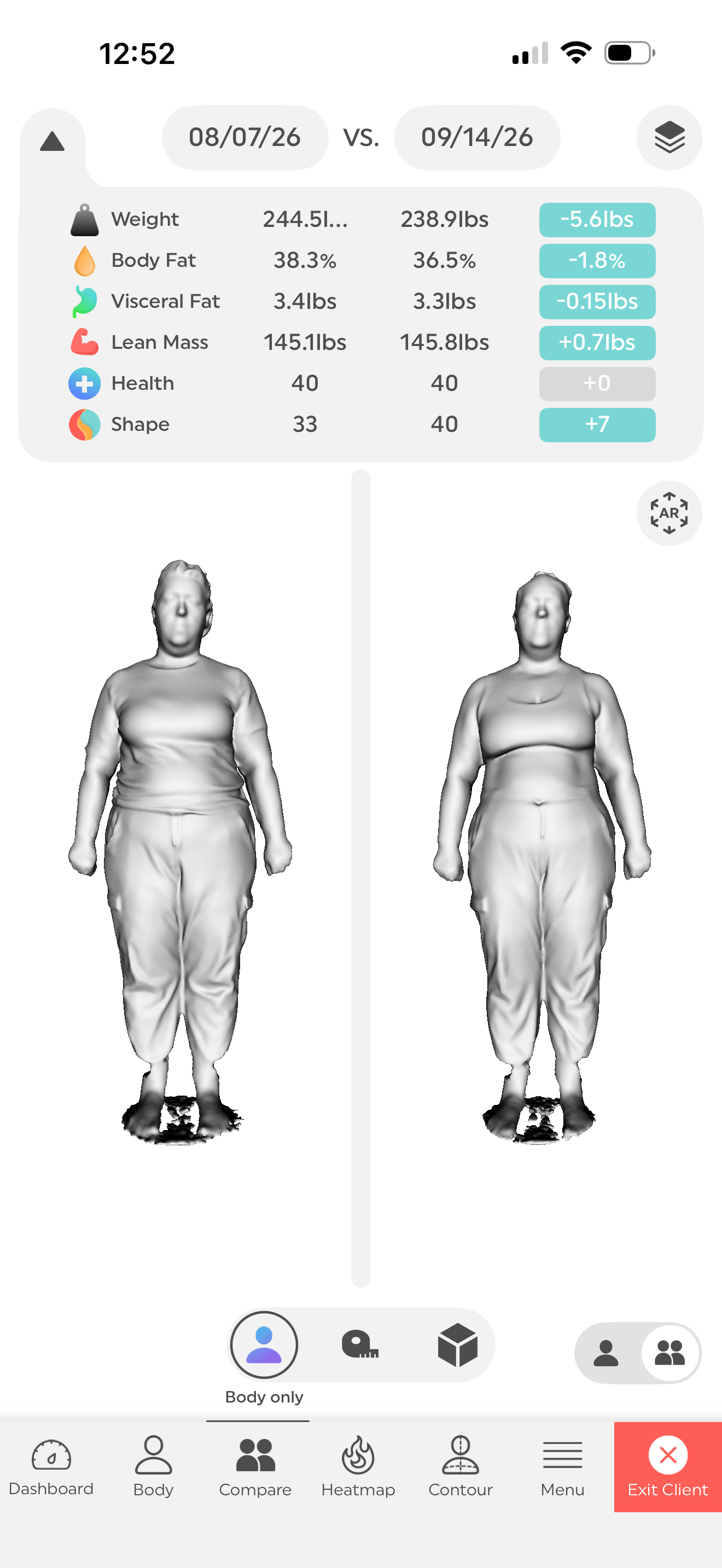 Client lost inches and also weight in the process. The two are not always congruent, but there are visible changes with the slimming of the waist line. Lean mass has also increased with increased movement. 