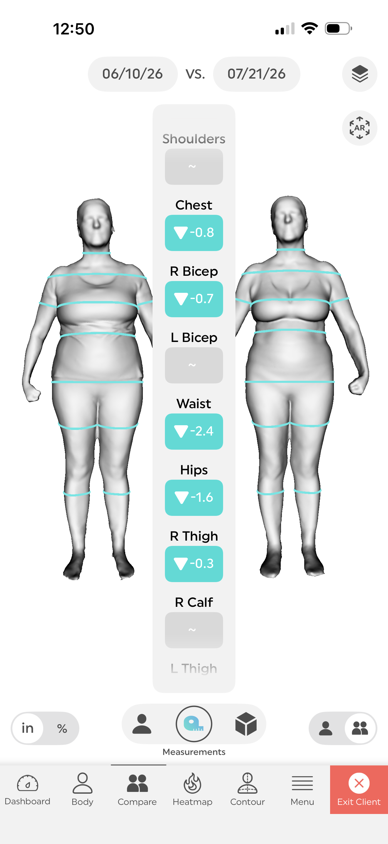 Client saw a change in waist and hip measurement after 6 sessions. 