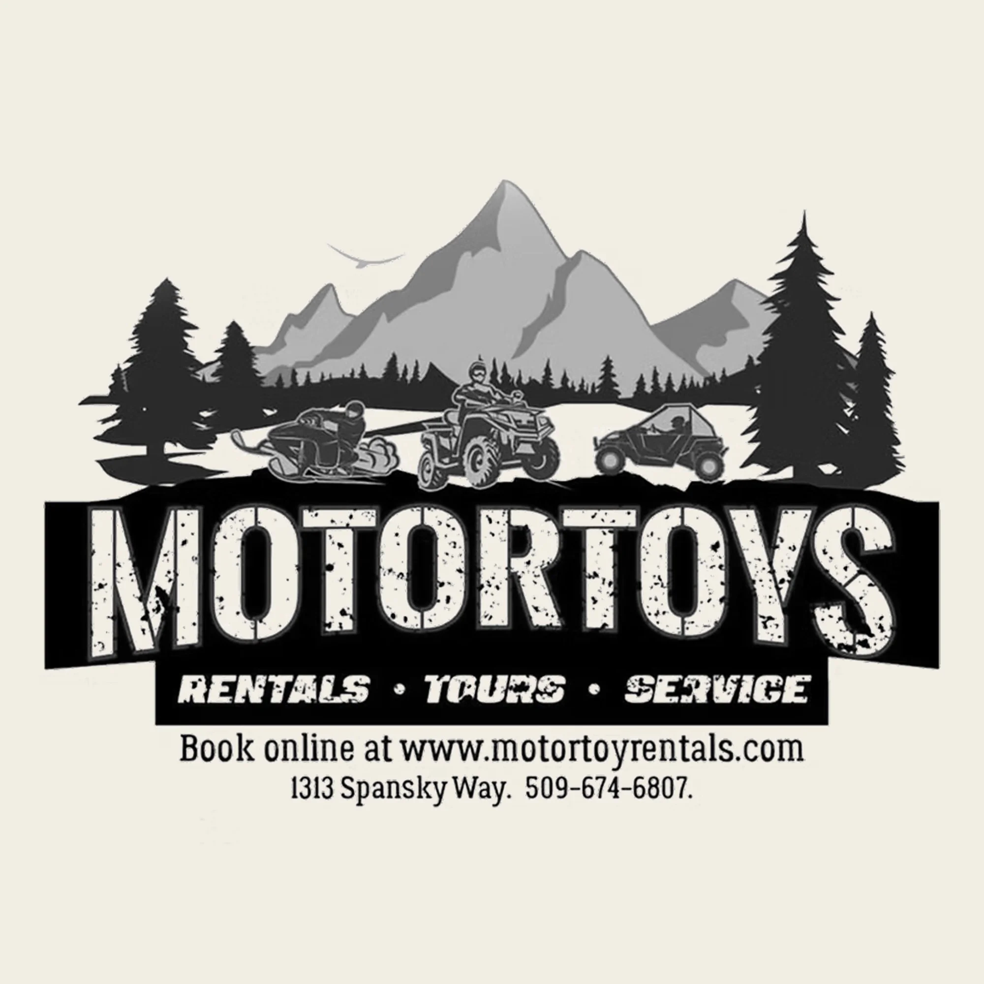 A black and white advertisement for Motortoy Rentals featuring mountain scenery, trees, snowmobiles, and off-road vehicles with contact information and a website.