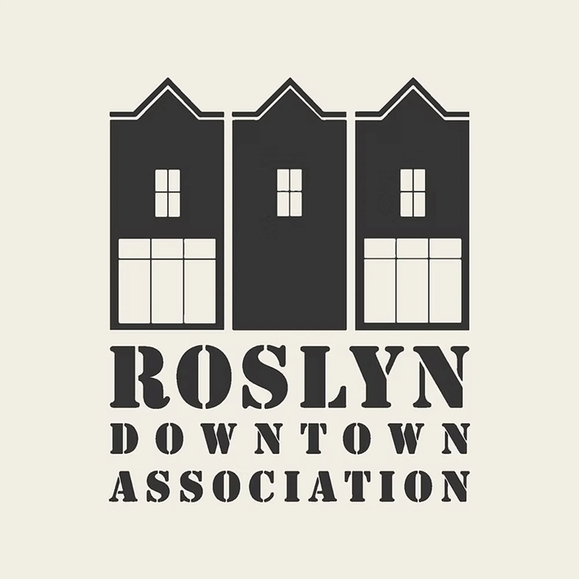 Logo of an organization with three black houses with white windows and text below reading "Downtown Brooklyn Association" in black uppercase letters.