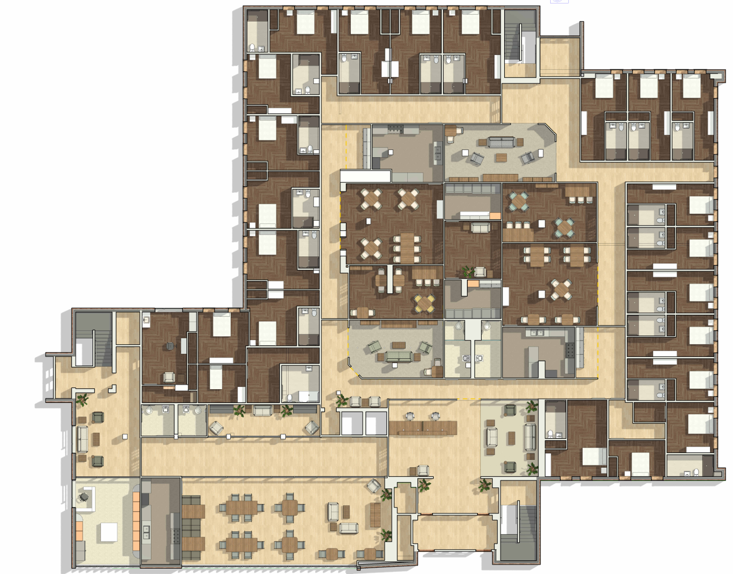A detailed floor plan of an apartment complex or hotel featuring multiple rooms, common areas, kitchens, dining spaces, and lounge areas.