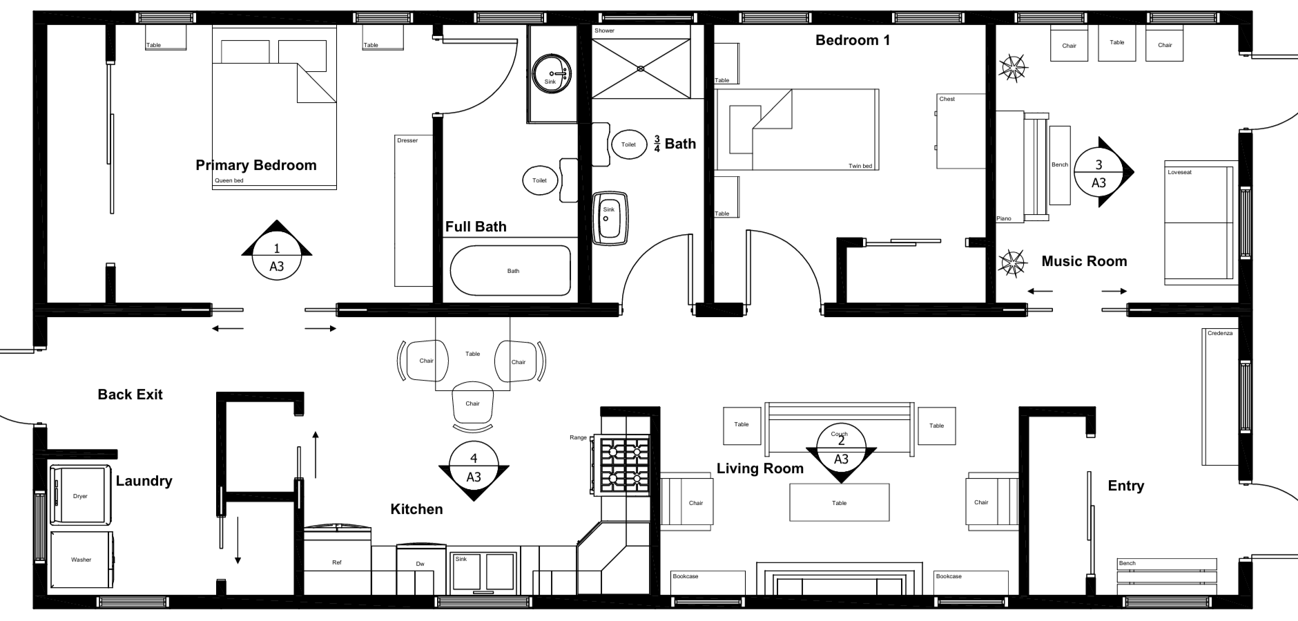 Floor plan of a house with labeled rooms including primary bedroom, bedroom 1, living room, kitchen, laundry, back exit, entry, music room, and bathrooms. Contains furniture and fixtures like beds, chairs, tables, sink, toilet, shower, bath, dresser, bench, loveseat, and appliances.