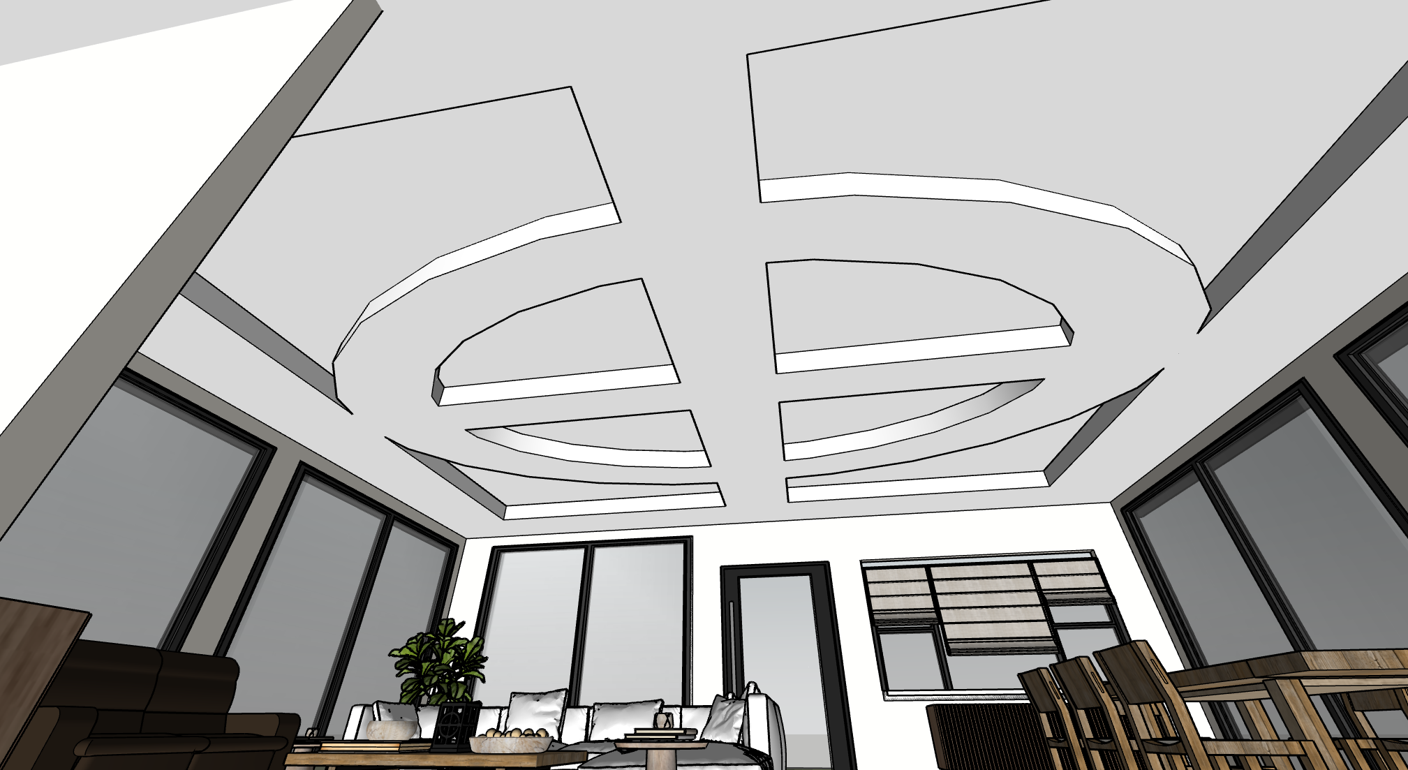 Interior view of a modern living room with a decorative ceiling featuring geometric patterns, large windows, and contemporary furniture including a sofa, chairs, and a wooden coffee table.