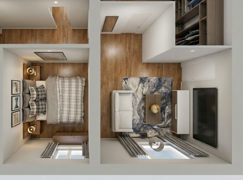 A modern apartment living room with a beige sofa, a marble coffee table, a flat-screen TV, a white cabinet, and large windows with gray curtains.