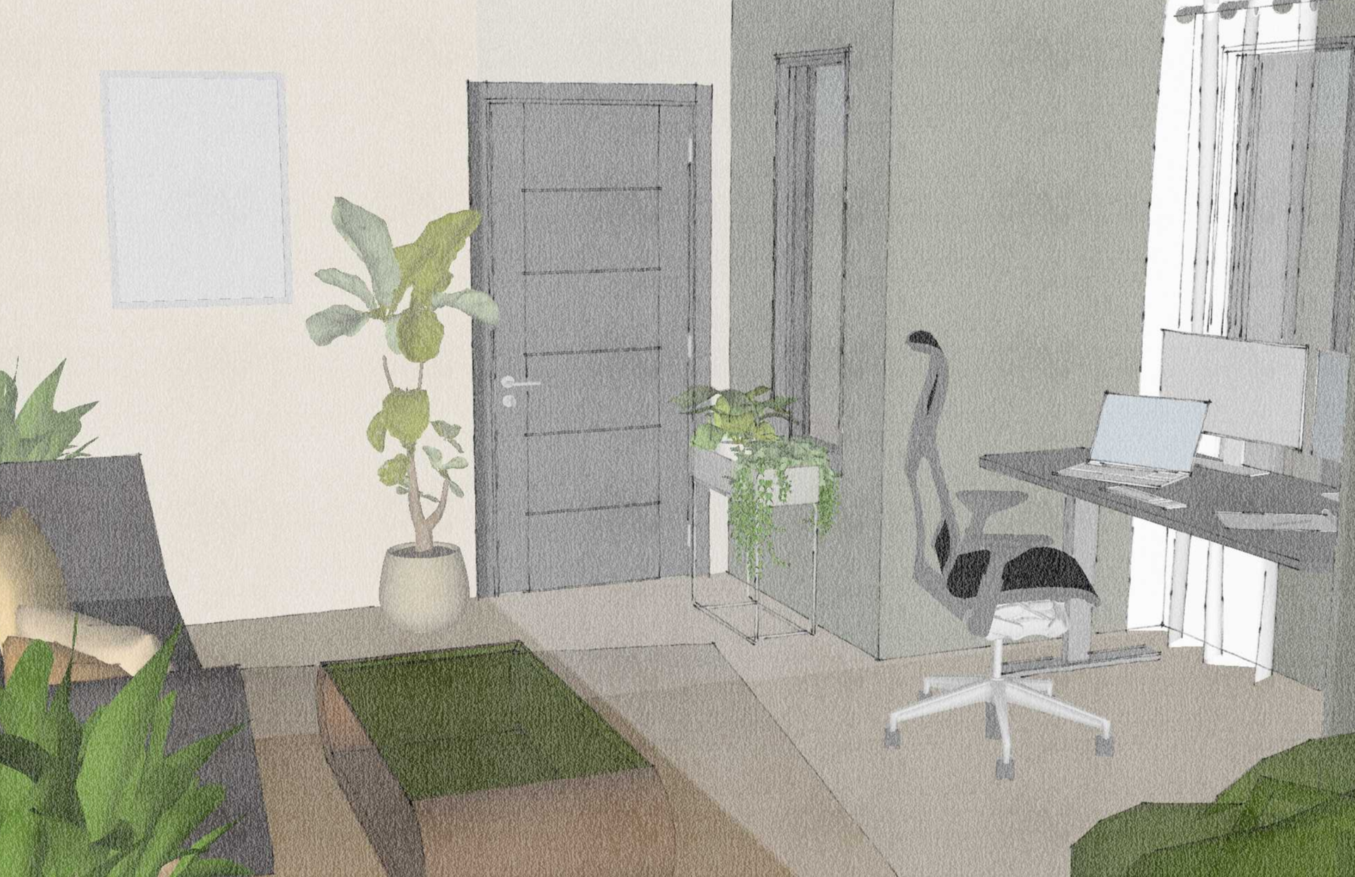 A modern home office with a desk, computer, and black office chair, adjacent to a window with white blinds, and decorated with green plants on a stand and in pots.