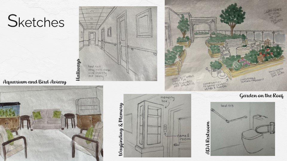 Collection of sketches of different indoor and outdoor spaces, including a hospital hallway, a garden roof with trees and plants, a living room with furniture, a bathroom with a toilet, and a bird aviary with a pond and benches.