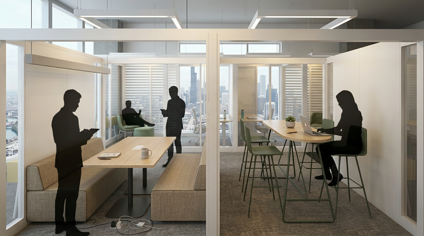 Modern office space with people working and using smartphones, large windows showing city skyline, and minimalist furniture.