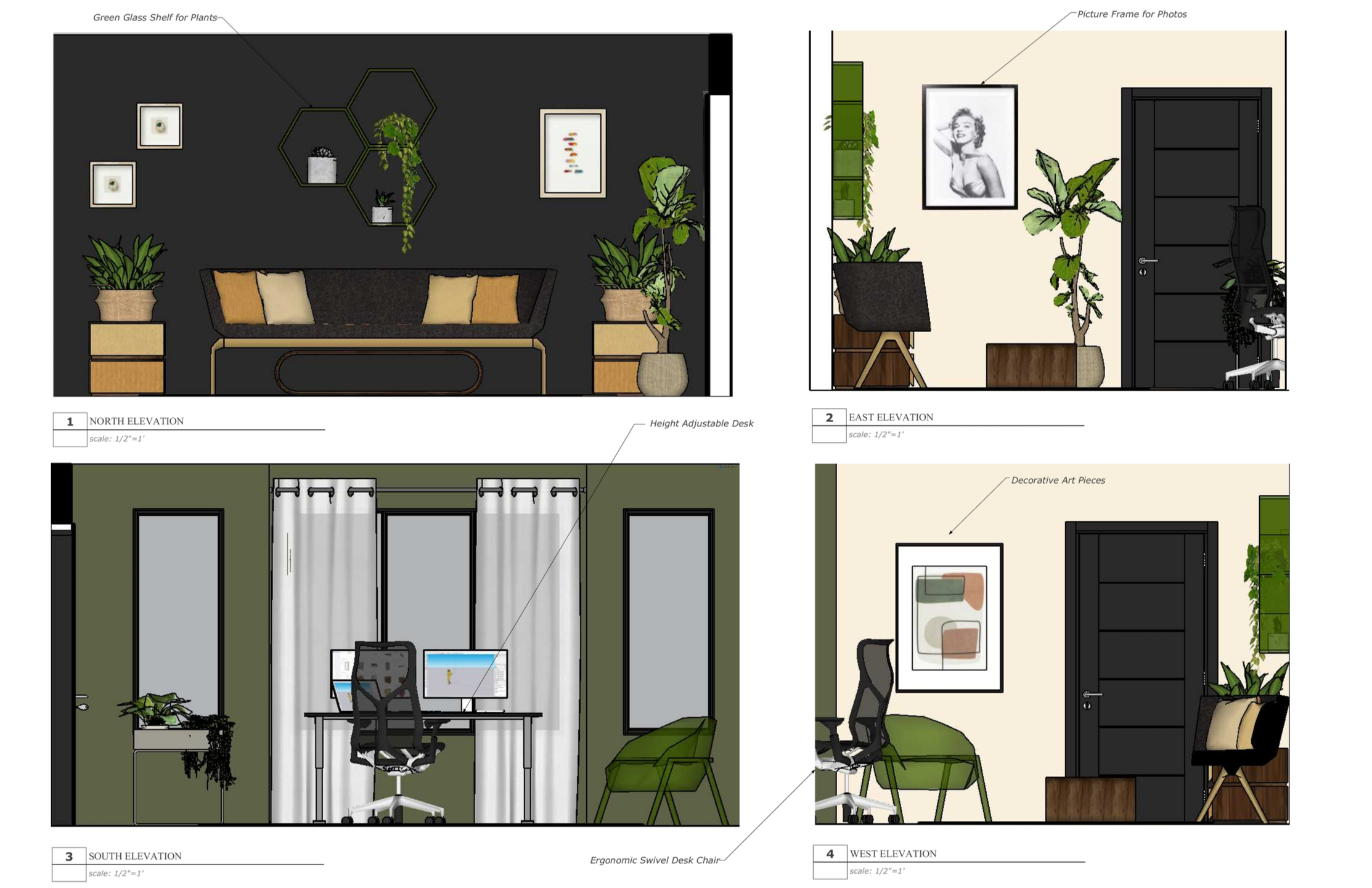 Architectural plans of a room with different elevation views, including north, east, south, and west. The plans feature details like plant decorations, pictures, and furniture such as an adjustable desk, swivel chair, and desks in a professional or home office setting.