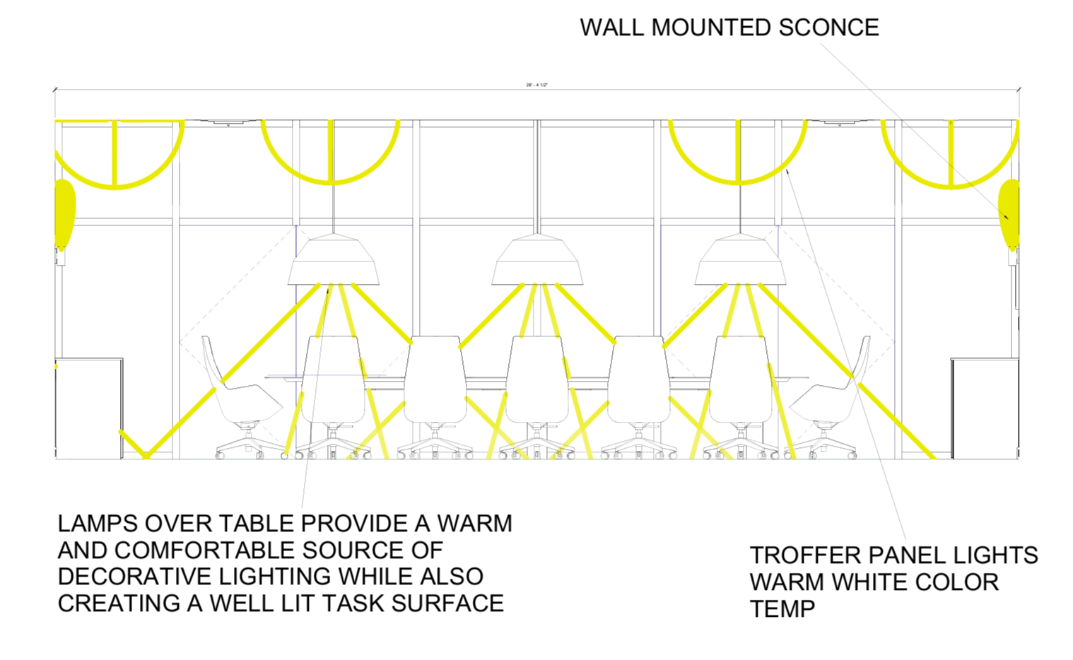 A technical drawing of a conference room with lighting and furniture layout, including chairs, desks, wall-mounted sconce lights, and troffer panel lights, with annotations about lighting and temperature.
