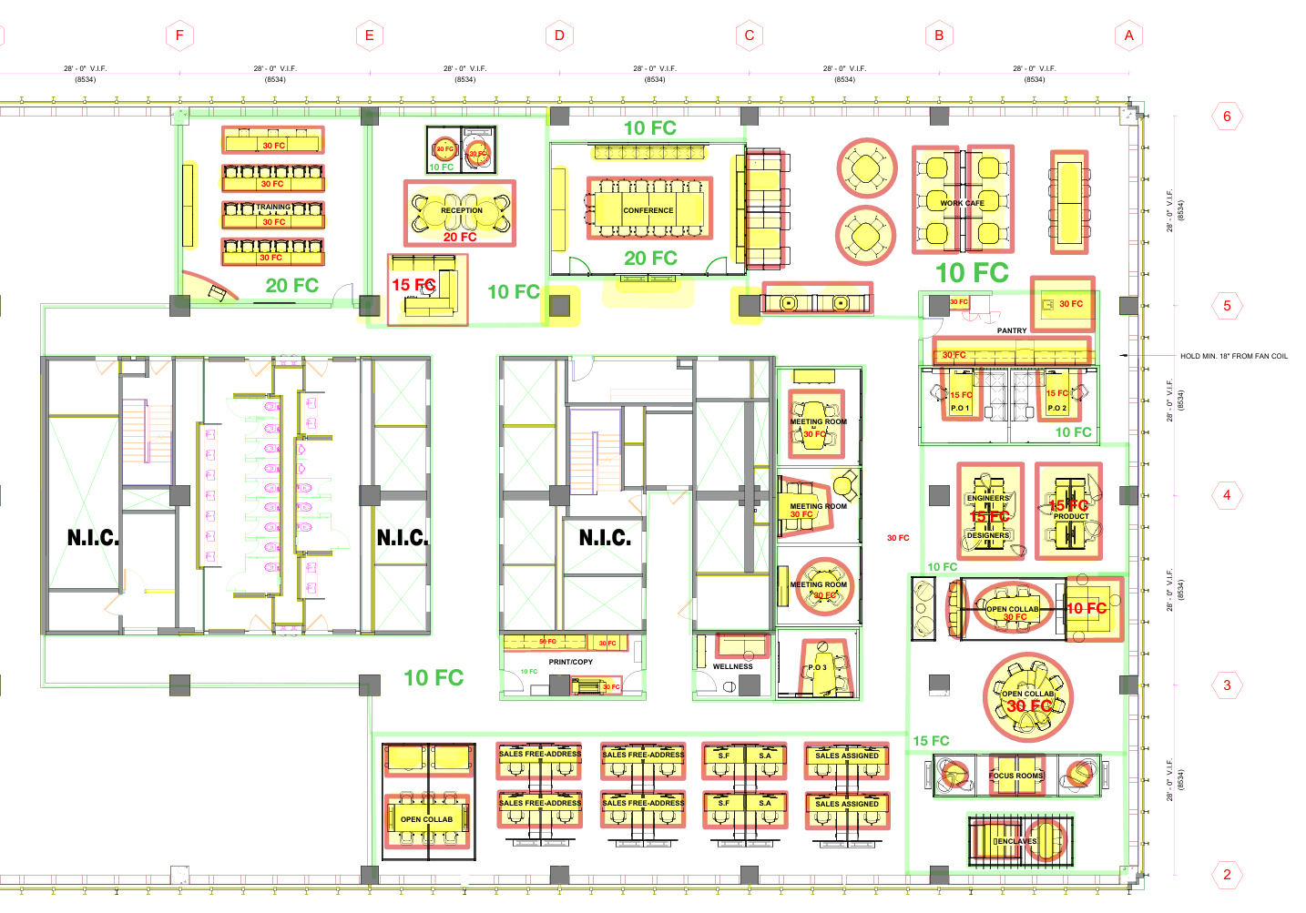Office floor plan with labeled areas including conference rooms, meeting rooms, reception, work café, pantry, engineers and designers sections, open collaboration spaces, and N.I.C. rooms, with furniture arrangements and space allocations marked.
