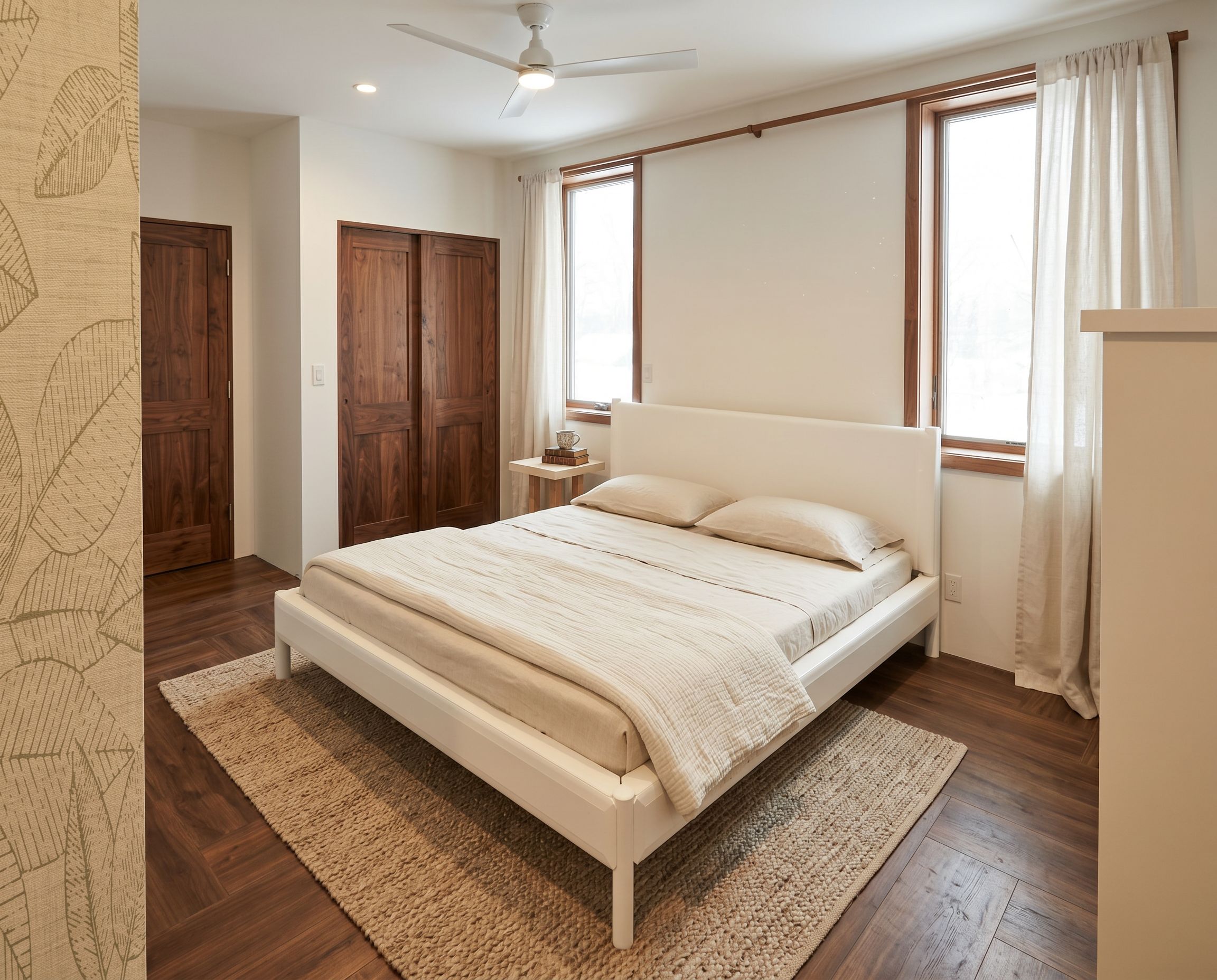 A bedroom with a white bed, two pillows, a beige bedspread, and a beige rug. There are two wooden windows with cream-colored curtains, a ceiling fan, and two wooden closet doors.