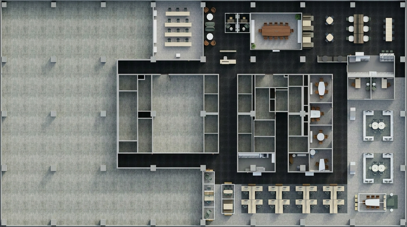 Top-down view of a modern office with multiple workstations, conference rooms, lounge areas, and communal tables.